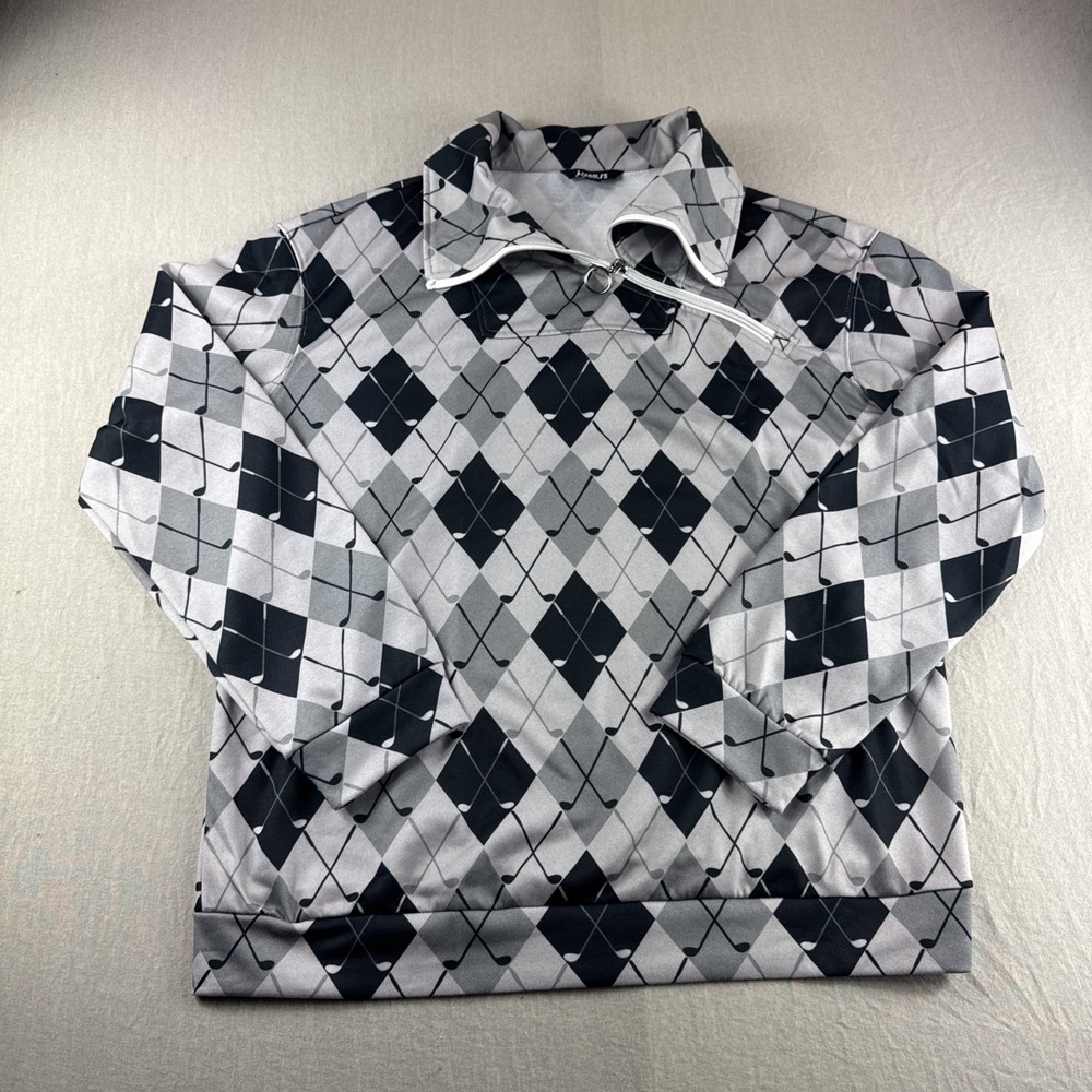 Acegolfs Pullover Womens XL Gray Argyle All Over Print Asymmetric Zipper Preppy